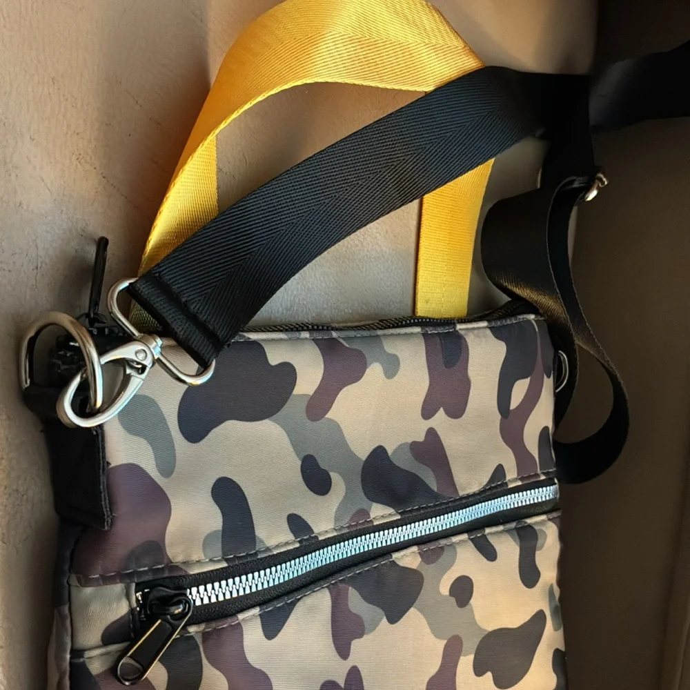 NWOT Camouflage Crossbody Bag with Yellow Handle